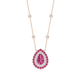 7x5mm AAAA Pear-Shaped Pink Sapphire Two Tone Necklace with Double Halo in Rose Gold White Gold