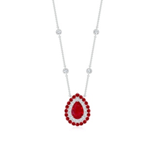 6x4mm AAA Pear-Shaped Ruby Two Tone Necklace with Double Halo in White Gold