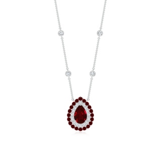 6x4mm AAAA Pear-Shaped Ruby Two Tone Necklace with Double Halo in P950 Platinum