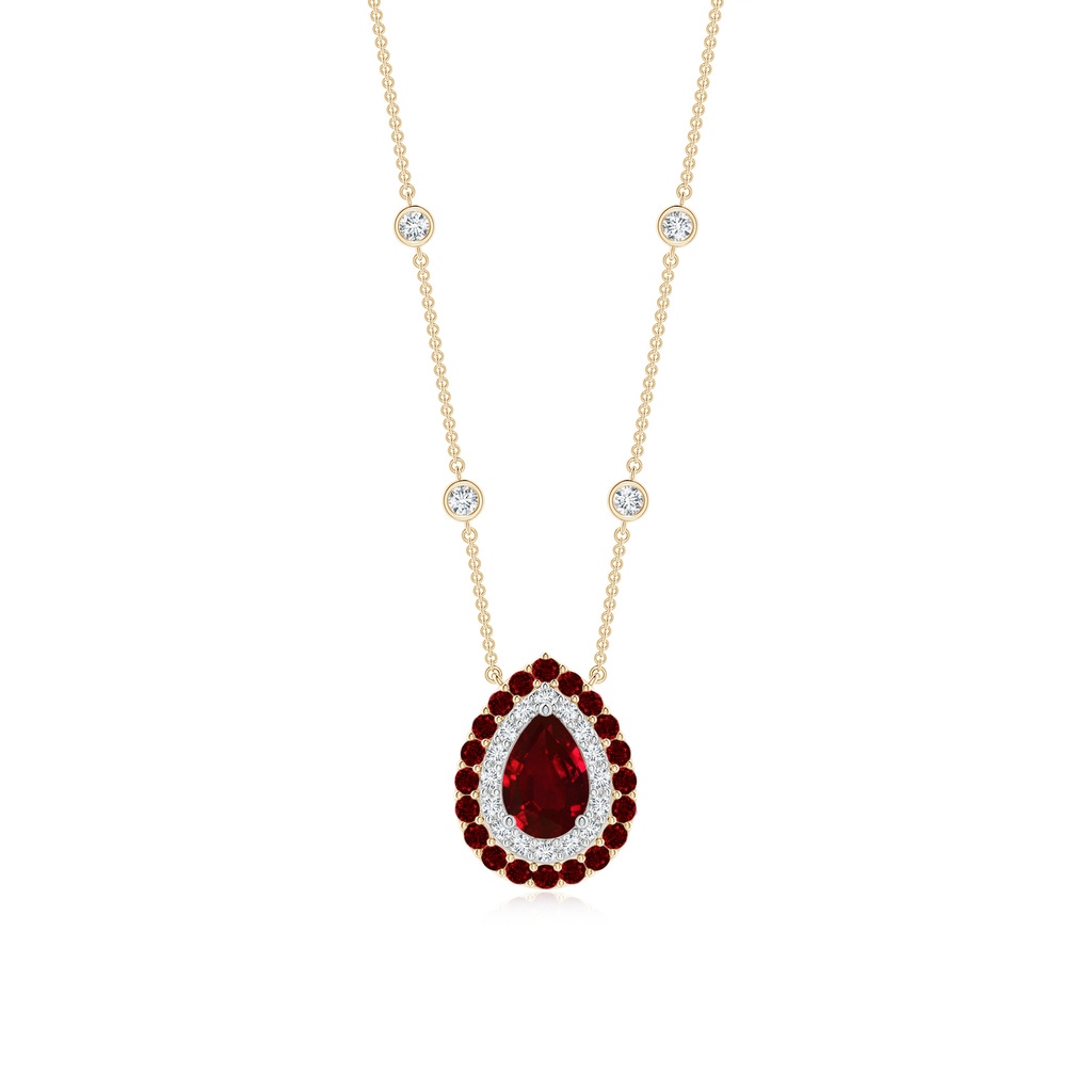 6x4mm AAAA Pear-Shaped Ruby Two Tone Necklace with Double Halo in Yellow Gold White Gold