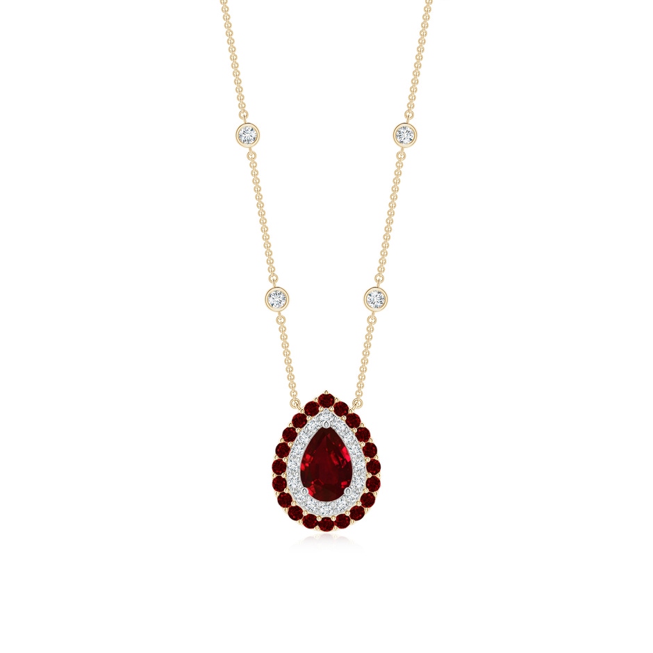 6x4mm AAAA Pear-Shaped Ruby Two Tone Necklace with Double Halo in Yellow Gold White Gold 