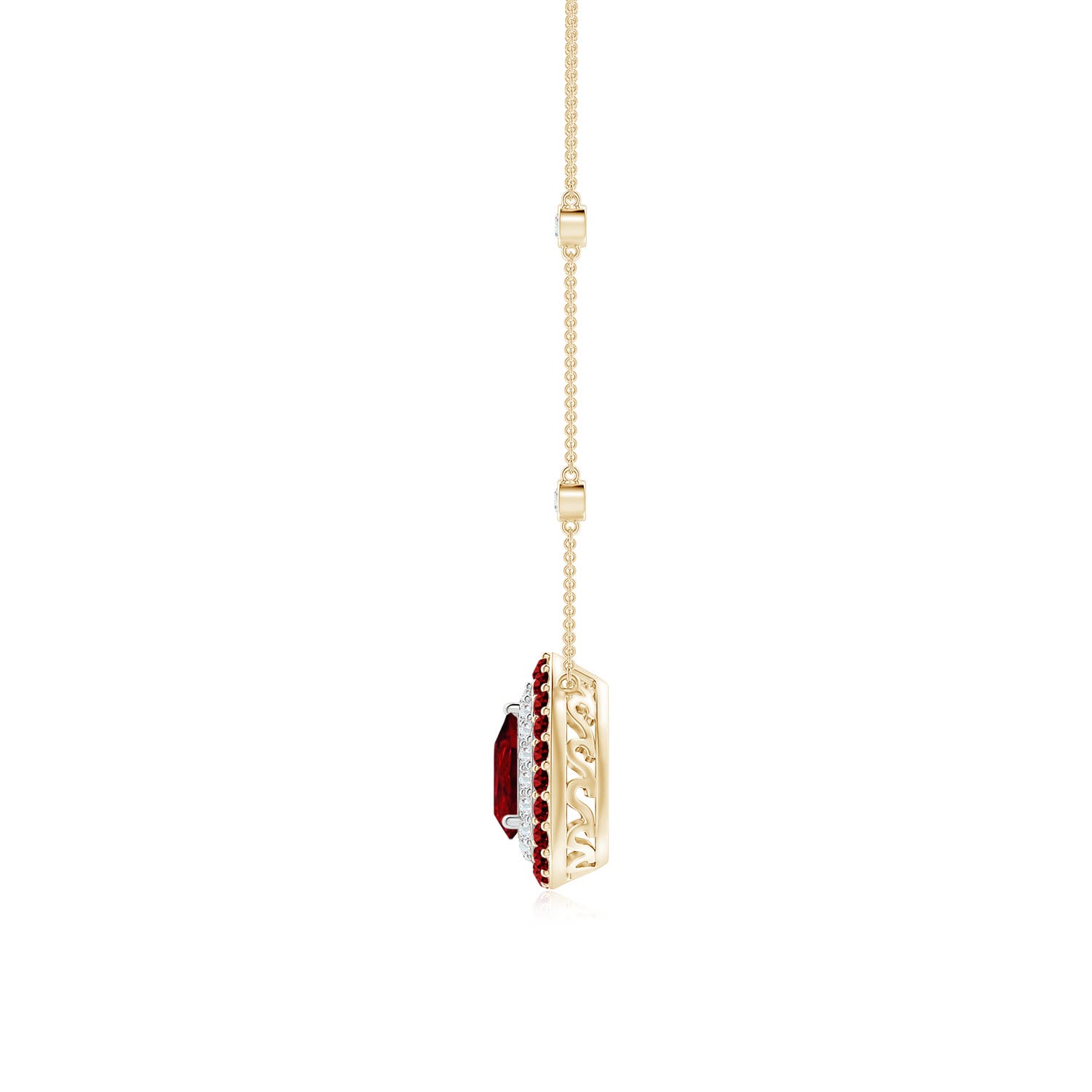 6x4mm AAAA Pear-Shaped Ruby Two Tone Necklace with Double Halo in Yellow Gold White Gold - side 1