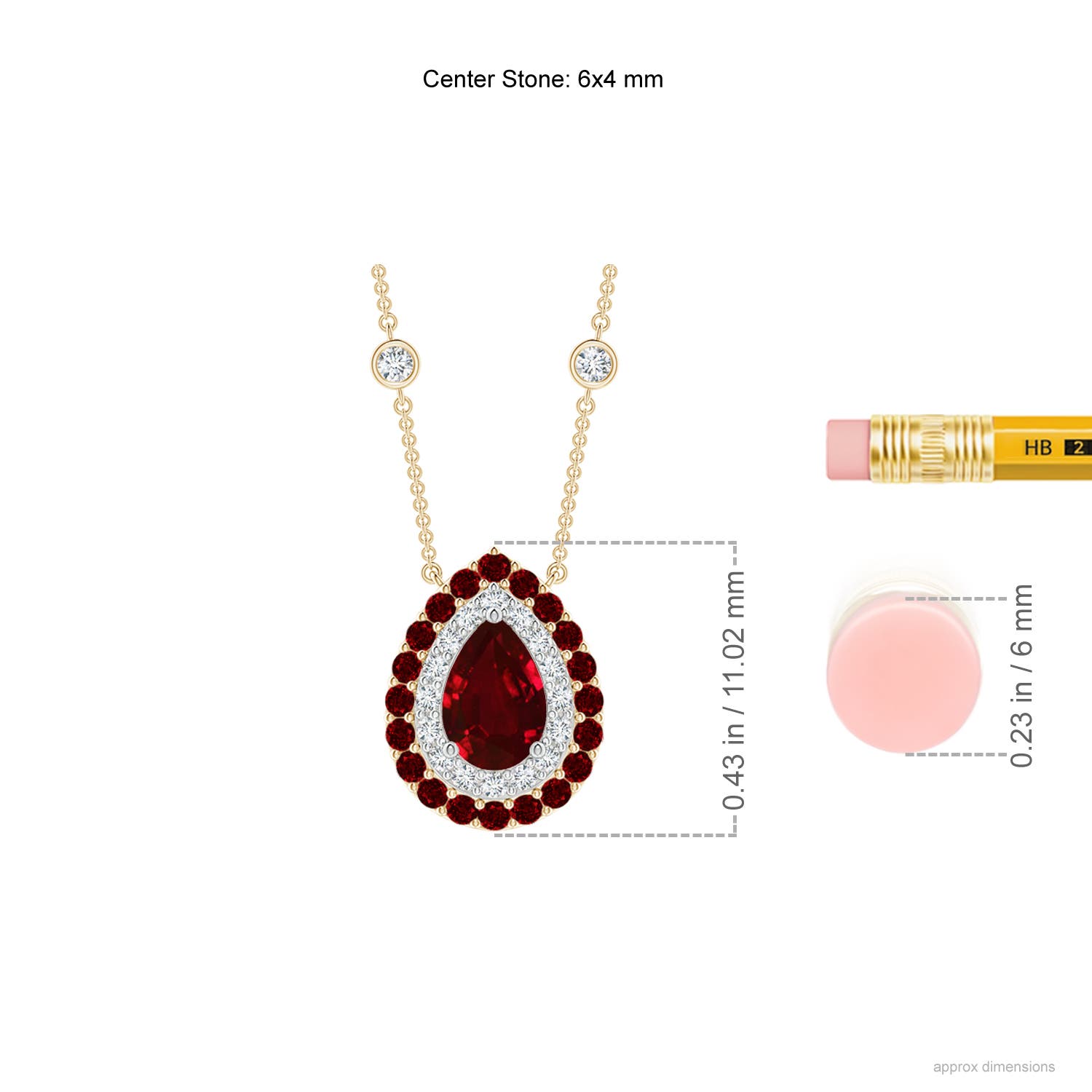 6x4mm AAAA Pear-Shaped Ruby Two Tone Necklace with Double Halo in Yellow Gold White Gold - ruler