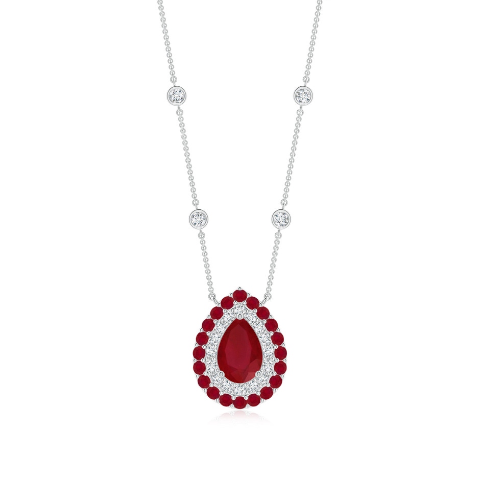 7x5mm AA Pear-Shaped Ruby Two Tone Necklace with Double Halo in P950 Platinum 