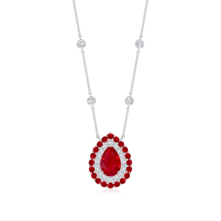 7x5mm AAA Pear-Shaped Ruby Two Tone Necklace with Double Halo in P950 Platinum 
