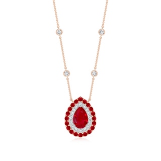 7x5mm AAA Pear-Shaped Ruby Two Tone Necklace with Double Halo in Rose Gold White Gold