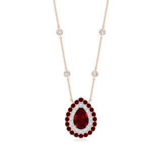 7x5mm AAAA Pear-Shaped Ruby Two Tone Necklace with Double Halo in 9K Rose Gold 9K White Gold