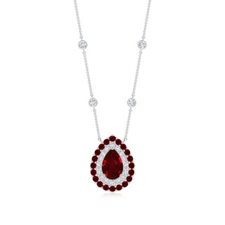 7x5mm AAAA Pear-Shaped Ruby Two Tone Necklace with Double Halo in P950 Platinum