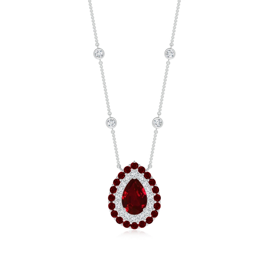 7x5mm AAAA Pear-Shaped Ruby Two Tone Necklace with Double Halo in White Gold 