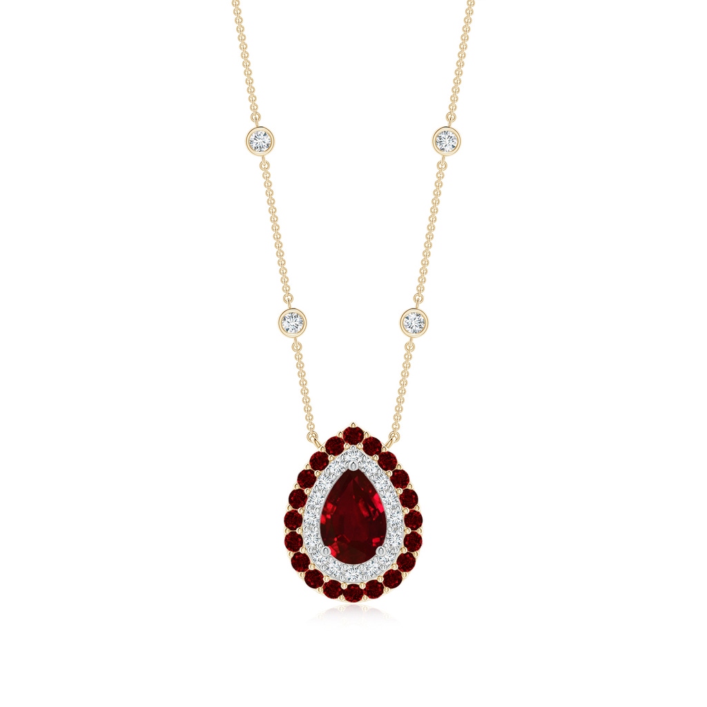 7x5mm AAAA Pear-Shaped Ruby Two Tone Necklace with Double Halo in Yellow Gold White Gold