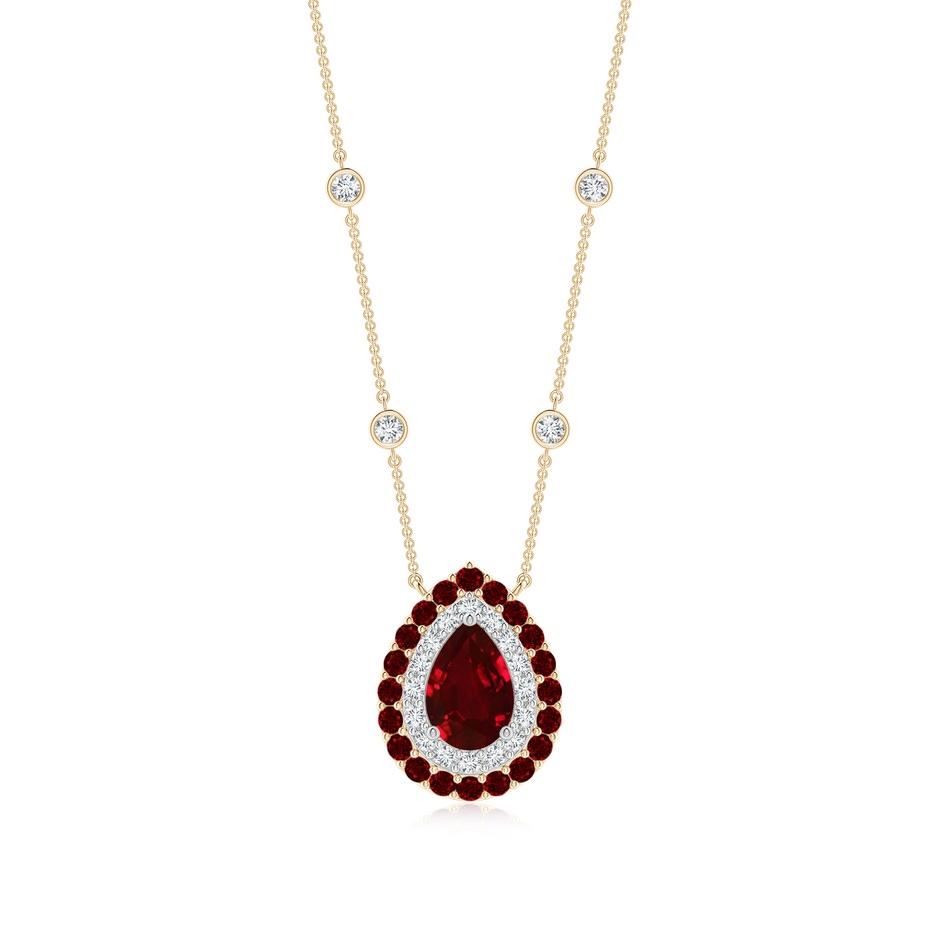 7x5mm AAAA Pear-Shaped Ruby Two Tone Necklace with Double Halo in Yellow Gold White Gold 