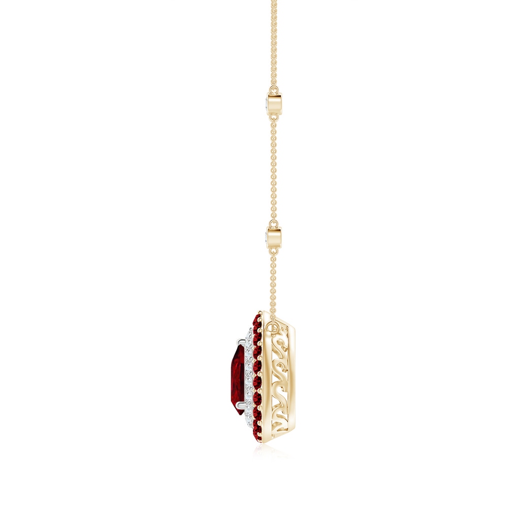 7x5mm AAAA Pear-Shaped Ruby Two Tone Necklace with Double Halo in Yellow Gold White Gold Side 1