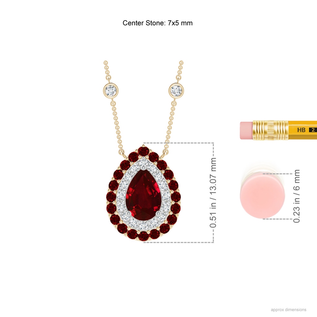 7x5mm AAAA Pear-Shaped Ruby Two Tone Necklace with Double Halo in Yellow Gold White Gold Ruler