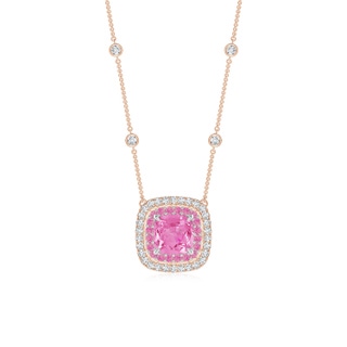 6mm AA Cushion Pink Sapphire Double Halo Necklace in Two Tone Gold in Rose Gold White Gold