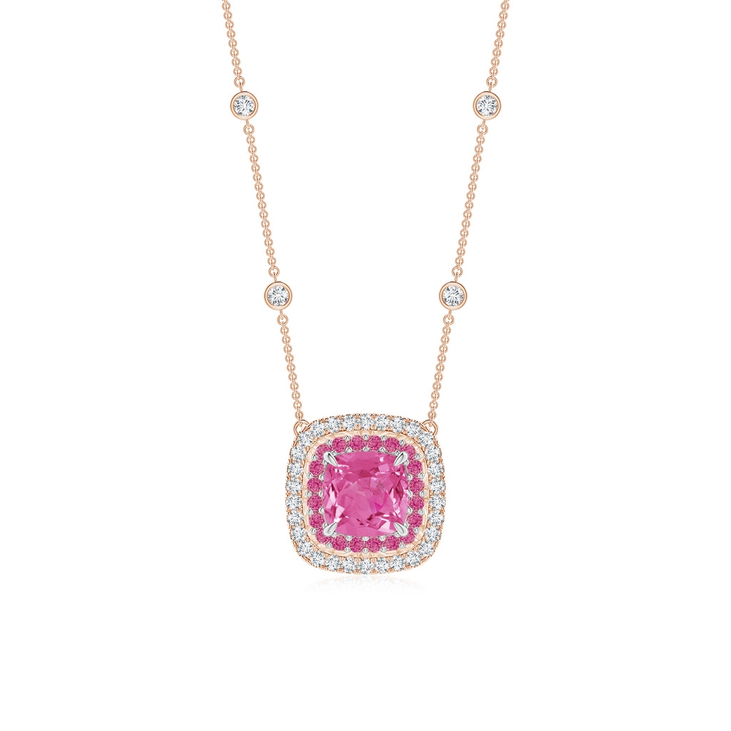 6mm AAA Cushion Pink Sapphire Double Halo Necklace in Two Tone Gold in Rose Gold White Gold 