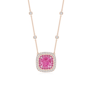 6mm AAA Cushion Pink Sapphire Double Halo Necklace in Two Tone Gold in Rose Gold White Gold