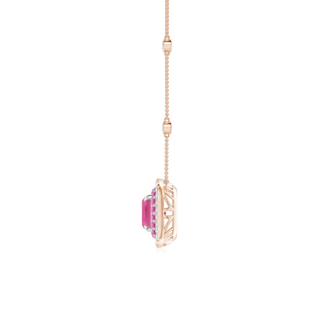 6mm AAA Cushion Pink Sapphire Double Halo Necklace in Two Tone Gold in Rose Gold White Gold Side 1