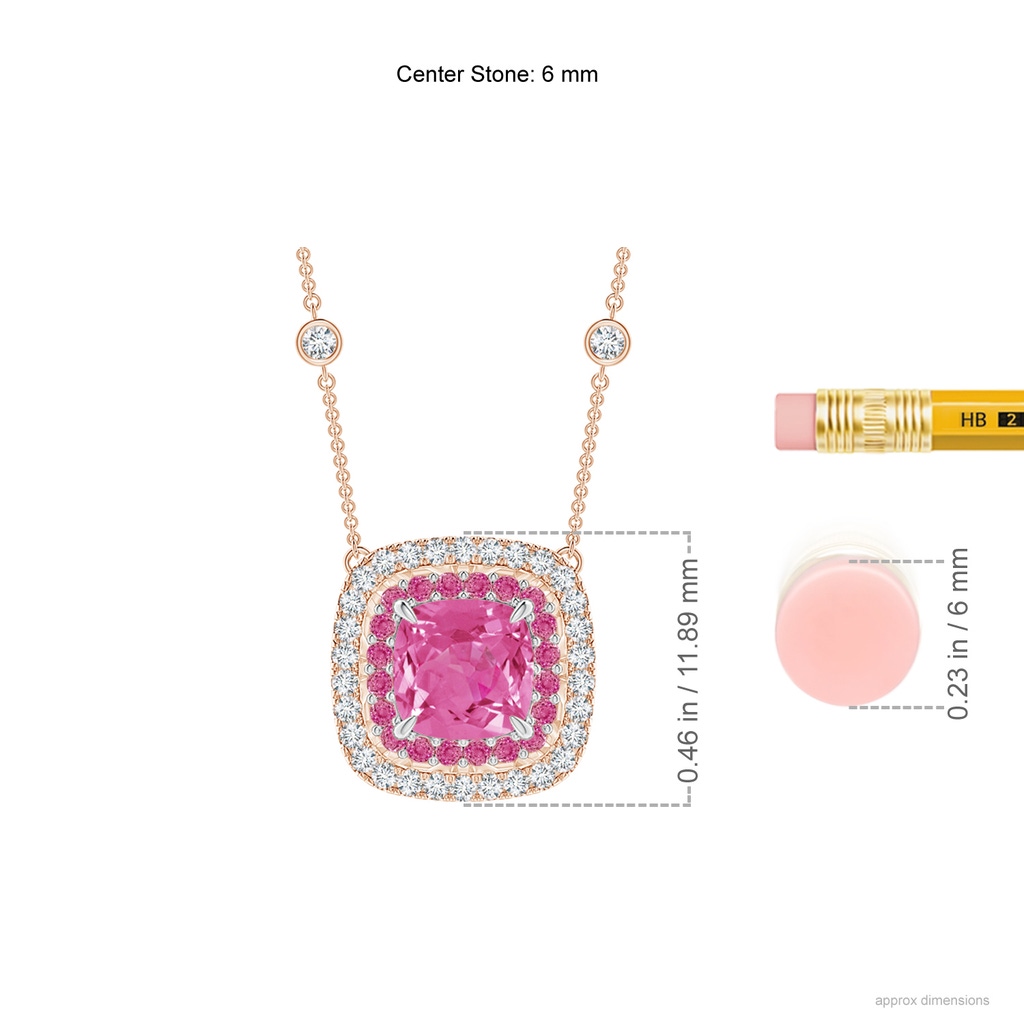 6mm AAA Cushion Pink Sapphire Double Halo Necklace in Two Tone Gold in Rose Gold White Gold Ruler