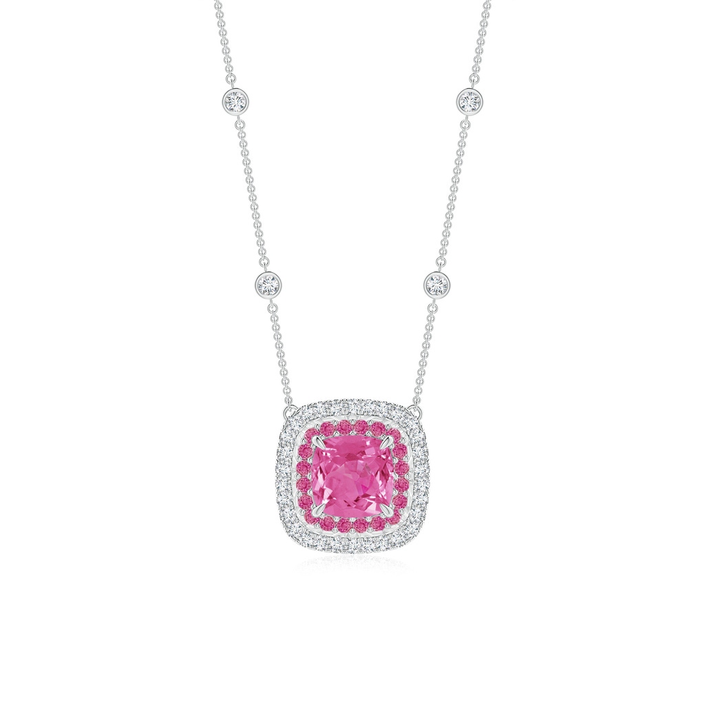 6mm AAA Cushion Pink Sapphire Double Halo Necklace in Two Tone Gold in White Gold