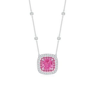 6mm AAA Cushion Pink Sapphire Double Halo Necklace in Two Tone Gold in White Gold