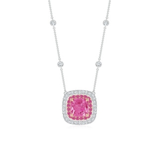 6mm AAA Cushion Pink Sapphire Double Halo Necklace in Two Tone Gold in White Gold Rose Gold