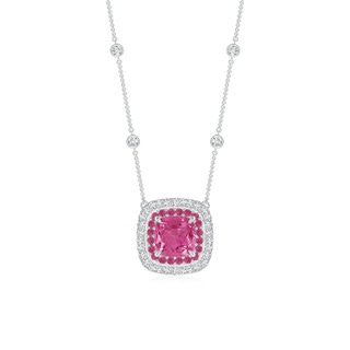 6mm AAAA Cushion Pink Sapphire Double Halo Necklace in Two Tone Gold in P950 Platinum