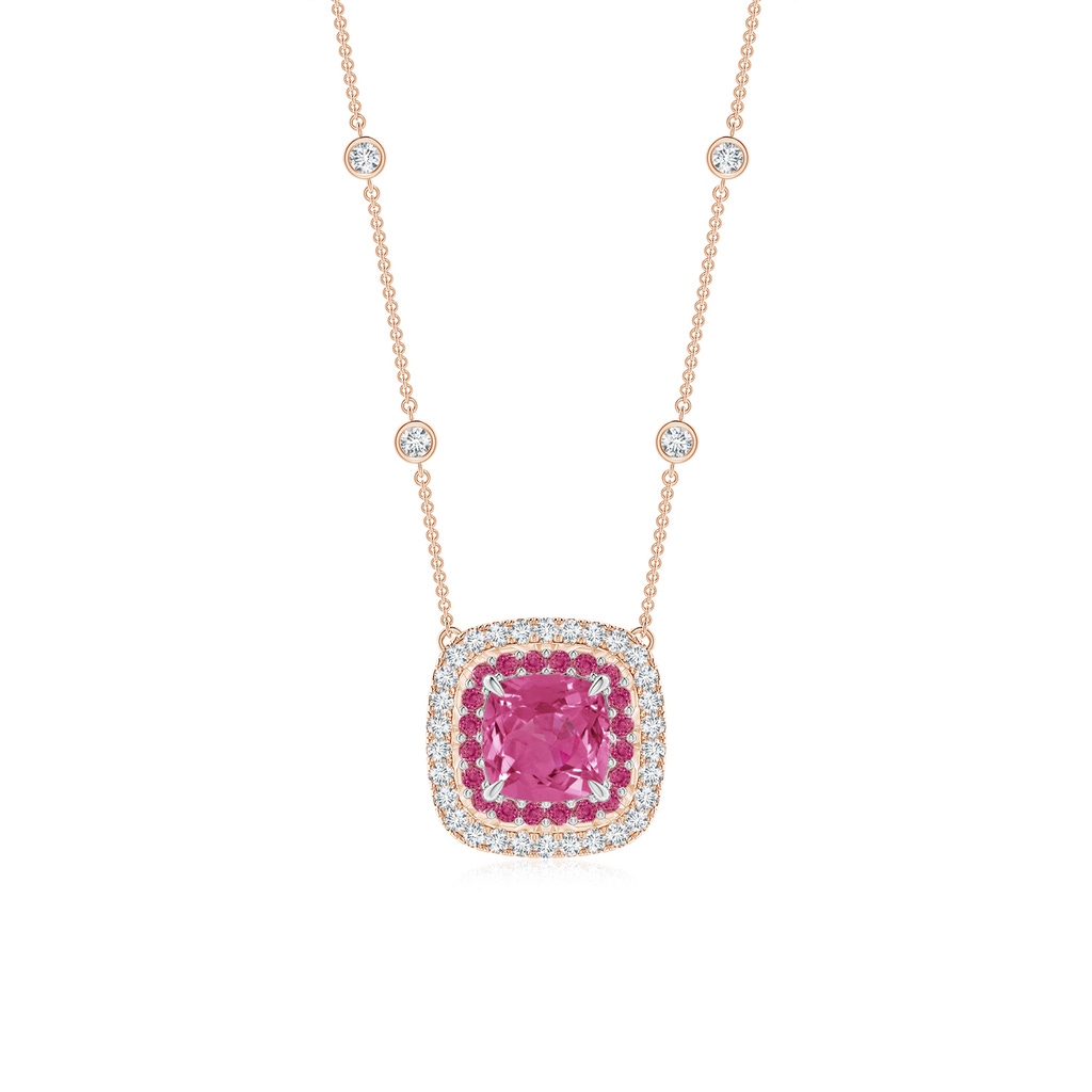 6mm AAAA Cushion Pink Sapphire Double Halo Necklace in Two Tone Gold in Rose Gold White Gold