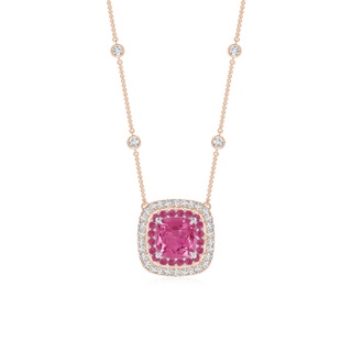 6mm AAAA Cushion Pink Sapphire Double Halo Necklace in Two Tone Gold in Rose Gold White Gold