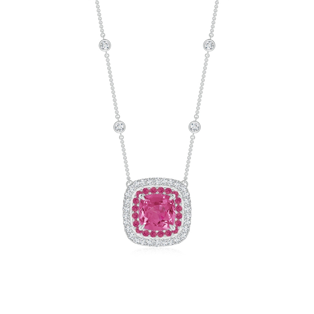 6mm AAAA Cushion Pink Sapphire Double Halo Necklace in Two Tone Gold in White Gold