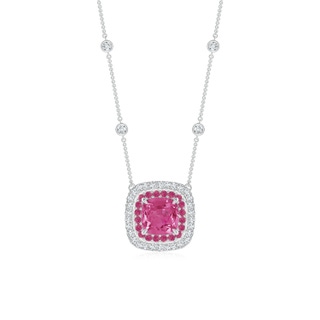6mm AAAA Cushion Pink Sapphire Double Halo Necklace in Two Tone Gold in White Gold