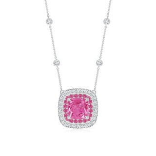 7mm AAA Cushion Pink Sapphire Double Halo Necklace in Two Tone Gold in P950 Platinum