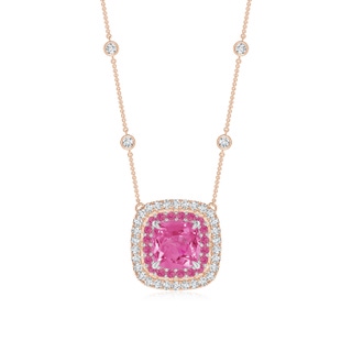 7mm AAA Cushion Pink Sapphire Double Halo Necklace in Two Tone Gold in Rose Gold White Gold