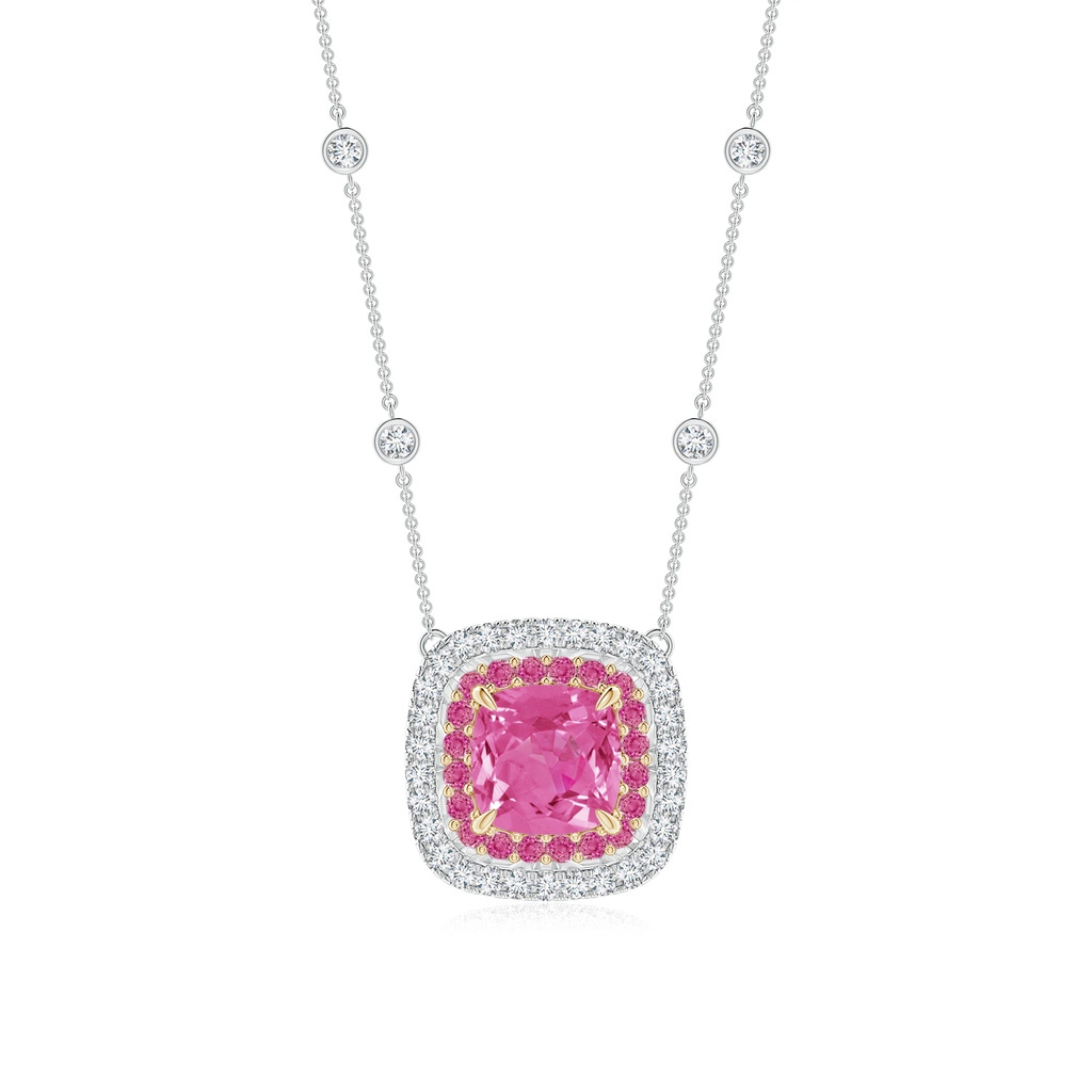 7mm AAA Cushion Pink Sapphire Double Halo Necklace in Two Tone Gold in White Gold Yellow Gold