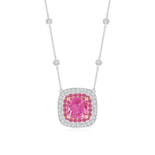 7mm AAA Cushion Pink Sapphire Double Halo Necklace in Two Tone Gold in White Gold Yellow Gold