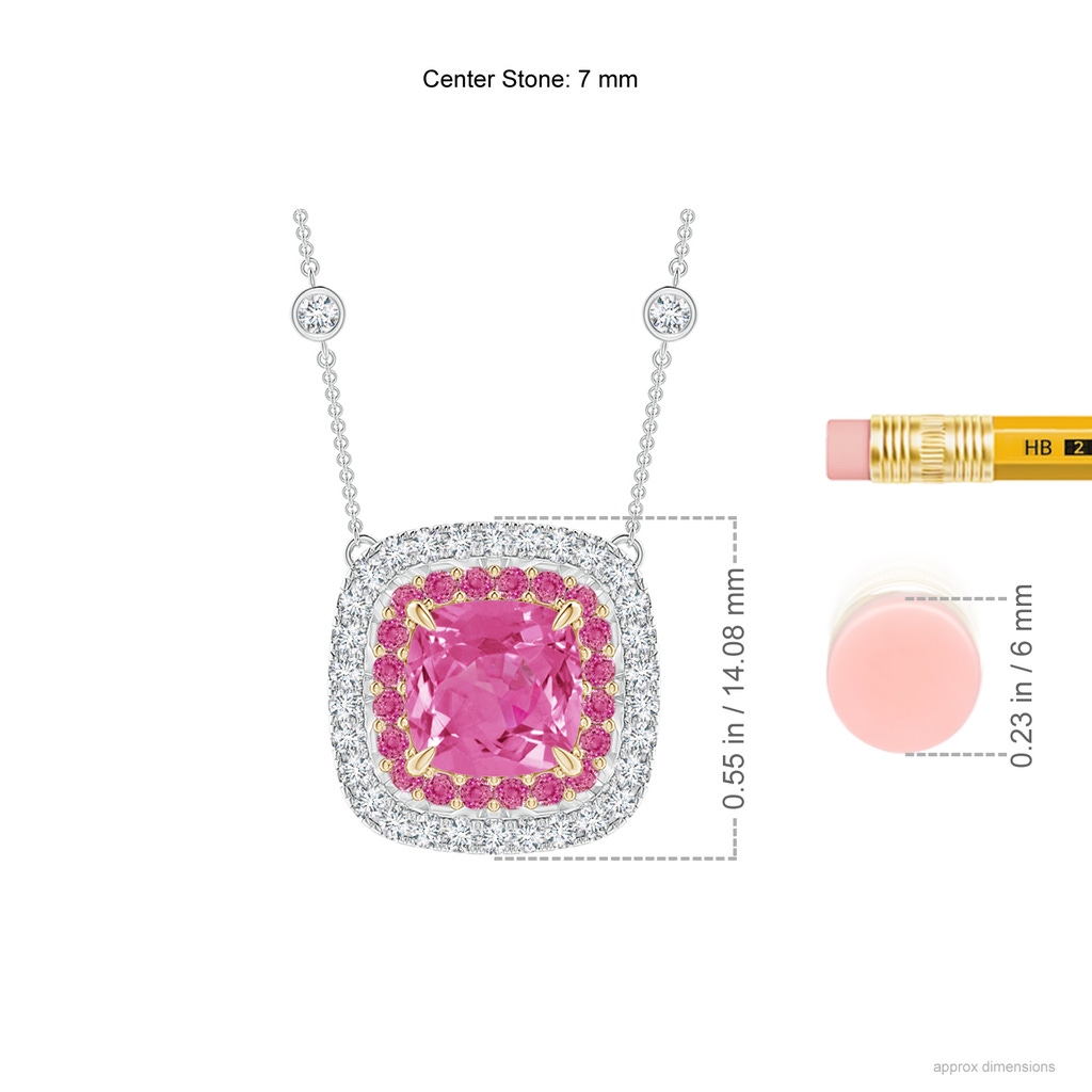 7mm AAA Cushion Pink Sapphire Double Halo Necklace in Two Tone Gold in White Gold Yellow Gold Ruler