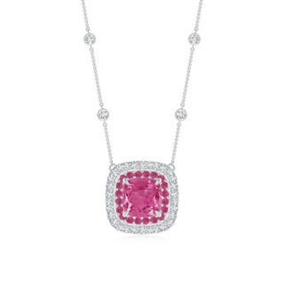 7mm AAAA Cushion Pink Sapphire Double Halo Necklace in Two Tone Gold in P950 Platinum