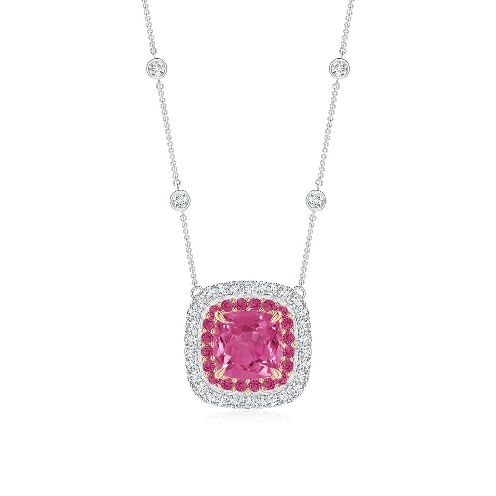 7mm AAAA Cushion Pink Sapphire Double Halo Necklace in Two Tone Gold in White Gold Rose Gold