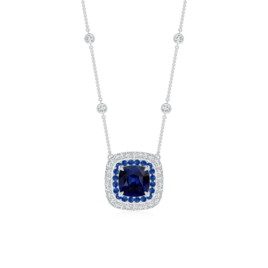 6mm AAA Cushion Sapphire Double Halo Necklace in Two Tone Gold in White Gold