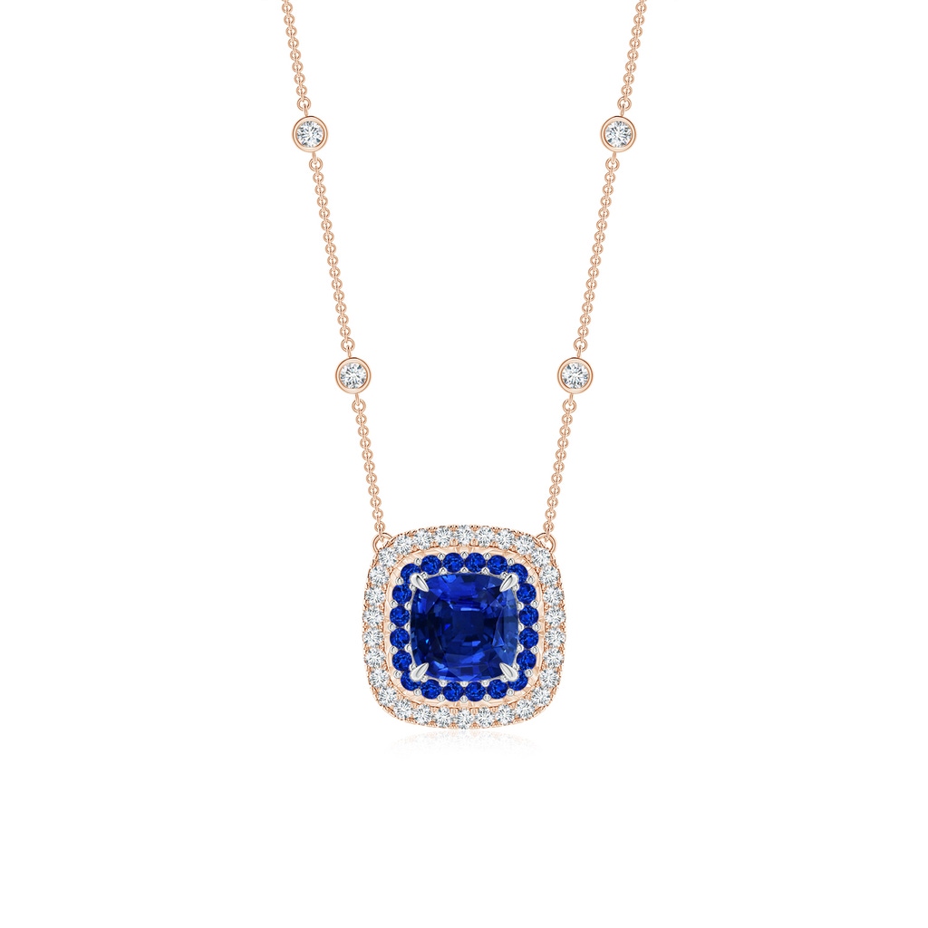 6mm AAAA Cushion Sapphire Double Halo Necklace in Two Tone Gold in Rose Gold White Gold