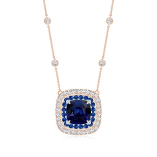 8mm AAA Cushion Sapphire Double Halo Necklace in Two Tone Gold in Rose Gold White Gold