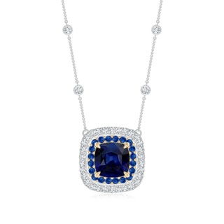 8mm AAA Cushion Sapphire Double Halo Necklace in Two Tone Gold in White Gold Yellow Gold