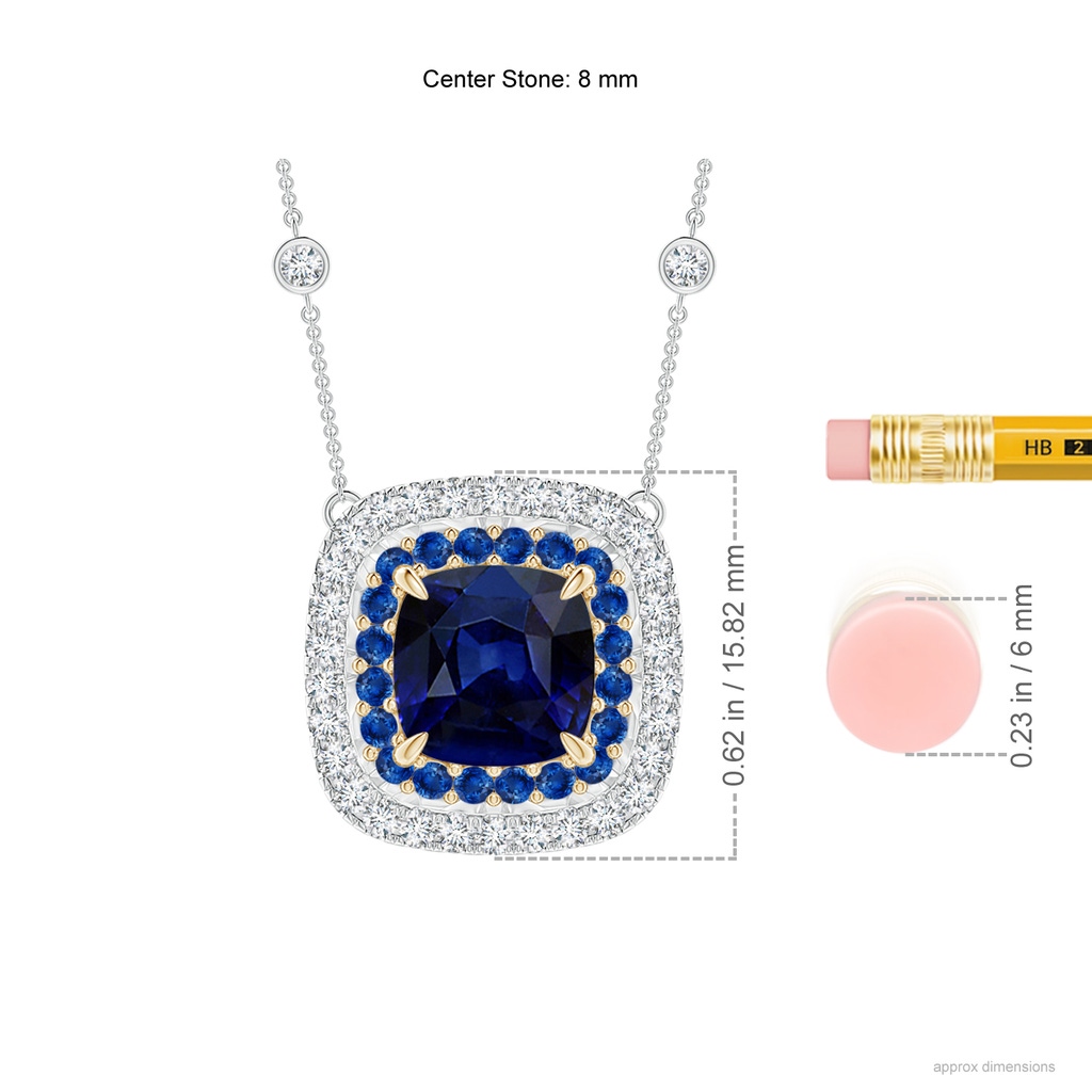 8mm AAA Cushion Sapphire Double Halo Necklace in Two Tone Gold in White Gold Yellow Gold Ruler