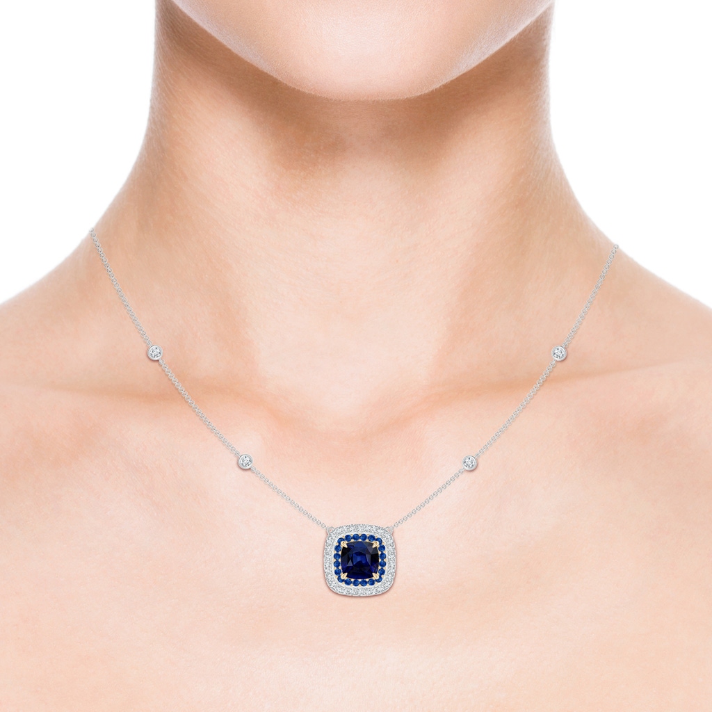 8mm AAA Cushion Sapphire Double Halo Necklace in Two Tone Gold in White Gold Yellow Gold Body-Neck