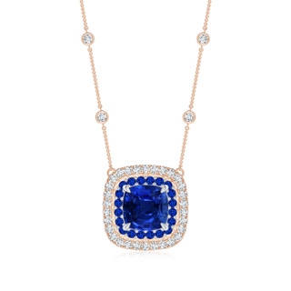 8mm AAAA Cushion Sapphire Double Halo Necklace in Two Tone Gold in Rose Gold White Gold