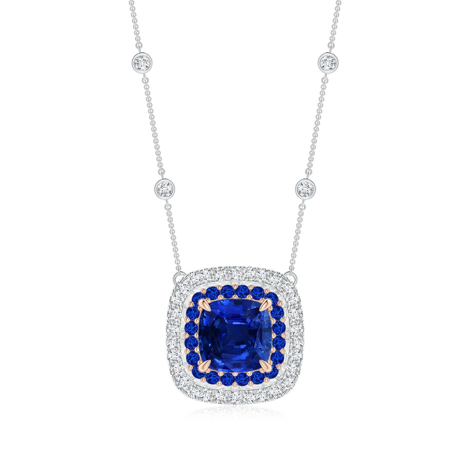 8mm AAAA Cushion Sapphire Double Halo Necklace in Two Tone Gold in White Gold Rose Gold 