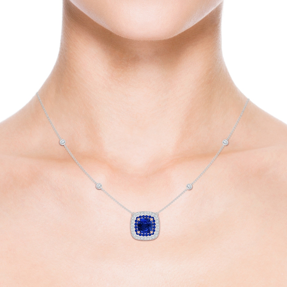 8mm AAAA Cushion Sapphire Double Halo Necklace in Two Tone Gold in White Gold Rose Gold body-neck