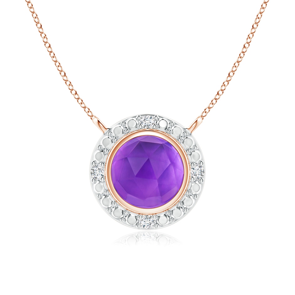 5mm AAA Bezel-Set Round Amethyst Necklace with Beaded Halo in 18K Rose Gold 