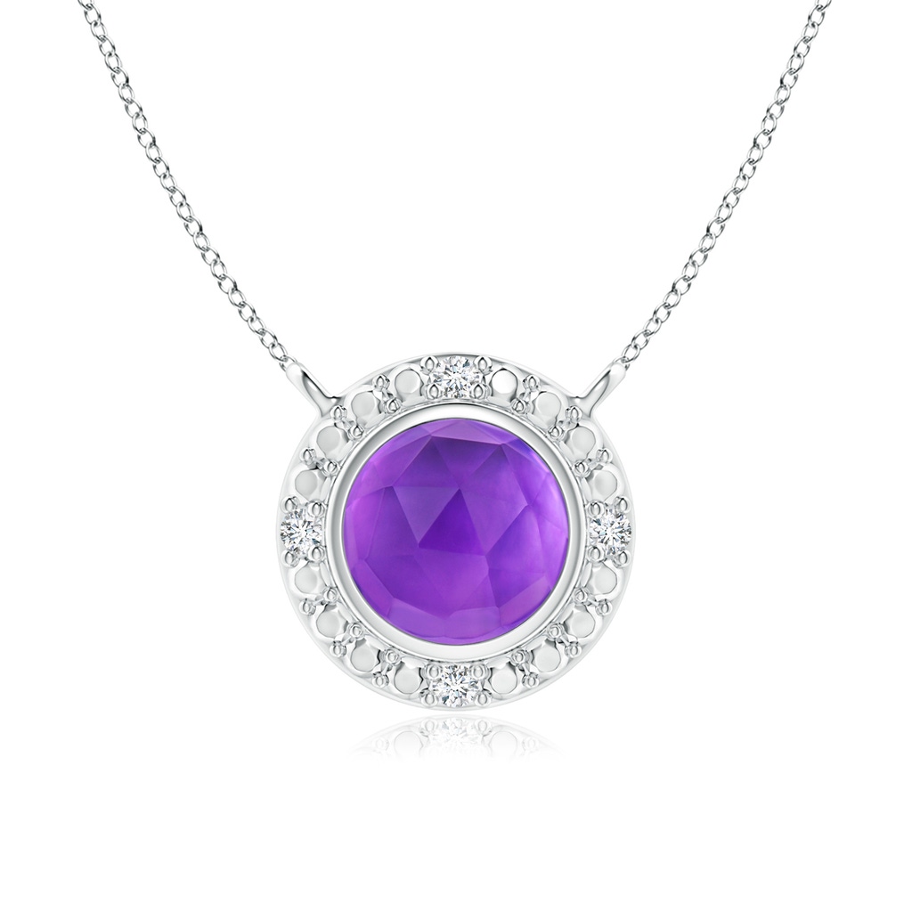 5mm AAA Bezel-Set Round Amethyst Necklace with Beaded Halo in 18K White Gold
