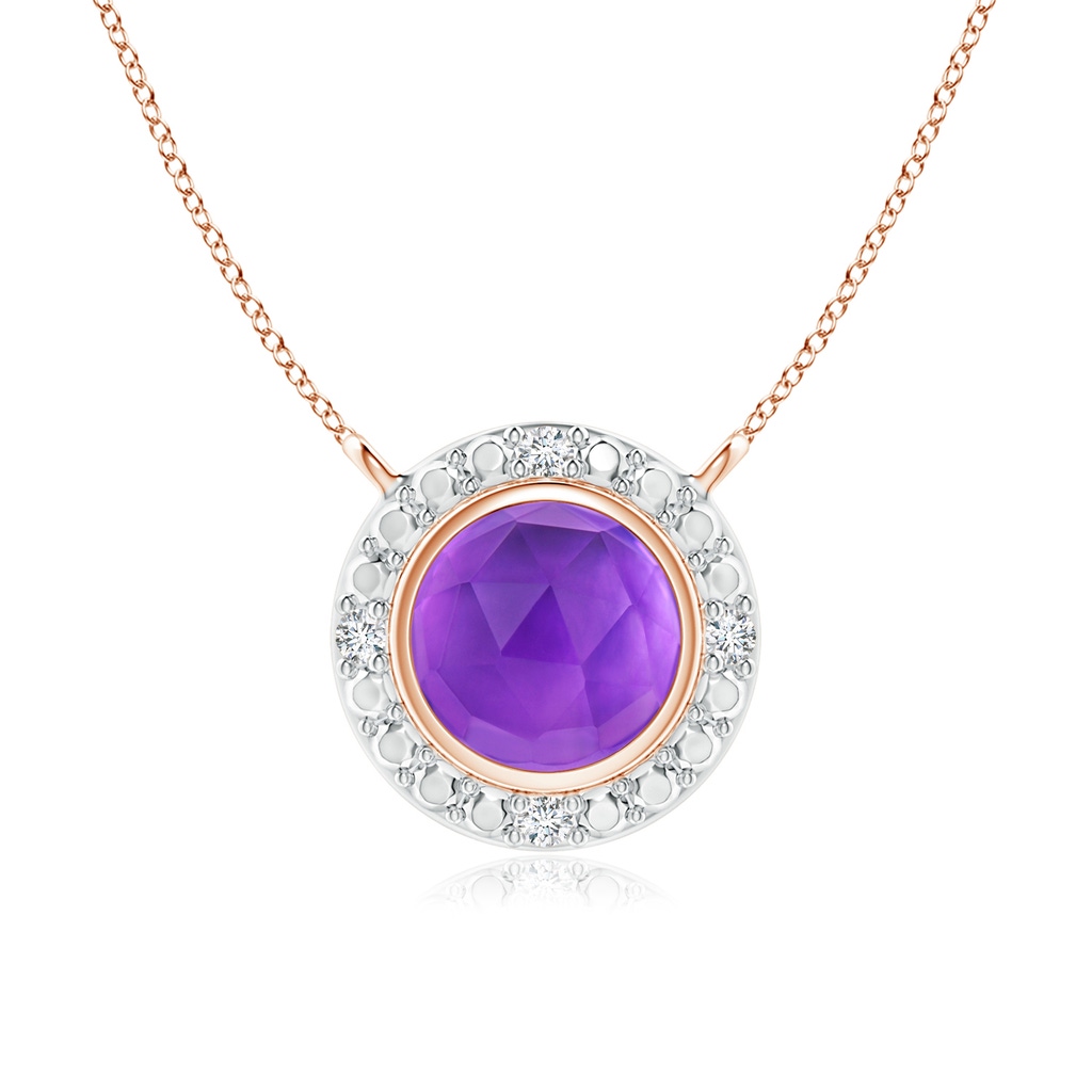 5mm AAA Bezel-Set Round Amethyst Necklace with Beaded Halo in Rose Gold