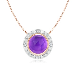 5mm AAA Bezel-Set Round Amethyst Necklace with Beaded Halo in Rose Gold